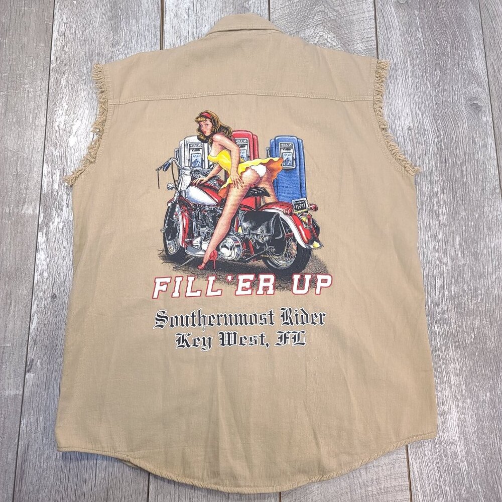 Biker Wear Mens Fill'er Up Key West Shirt Large Button Sleeveless Pin Up Girl